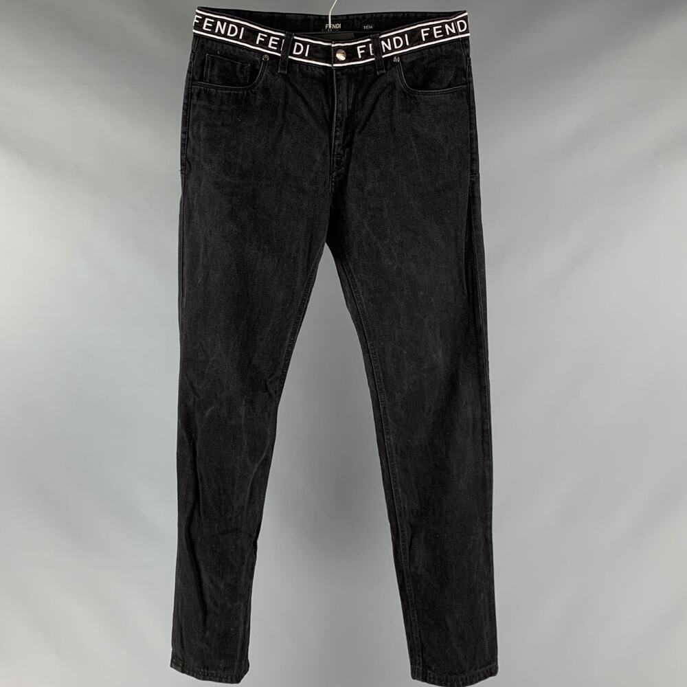 FENDI Size 33 Black White Logo Cotton Zip Fly Jeans